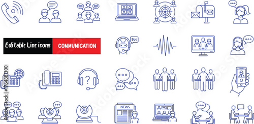 Set of editable line icons representing communication, collaboration, and technology for various applications