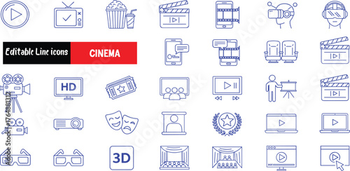 Cinema Icons Collection Editable Line Icons for Movies and Entertainment