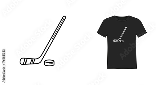 Minimalist hockey stick and puck design on black t-shirt