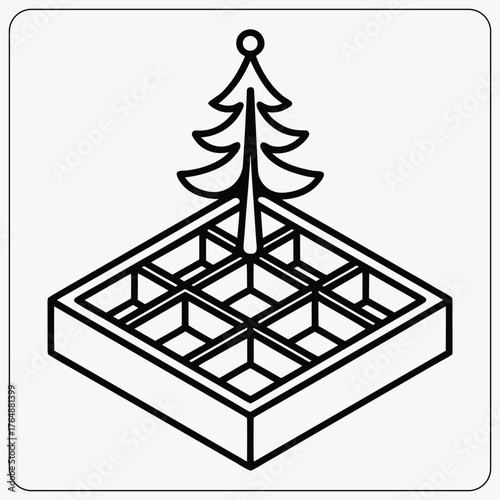 Christmas tree in a grid. Simple outline of a small fir tree in a box or tray. Holiday and winter coloring page vector for kids.