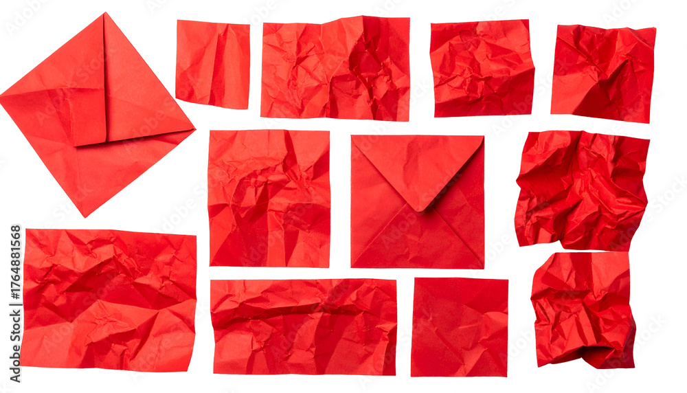 Fototapeta premium A collage of red envelopes and crumpled paper pieces with black outlines