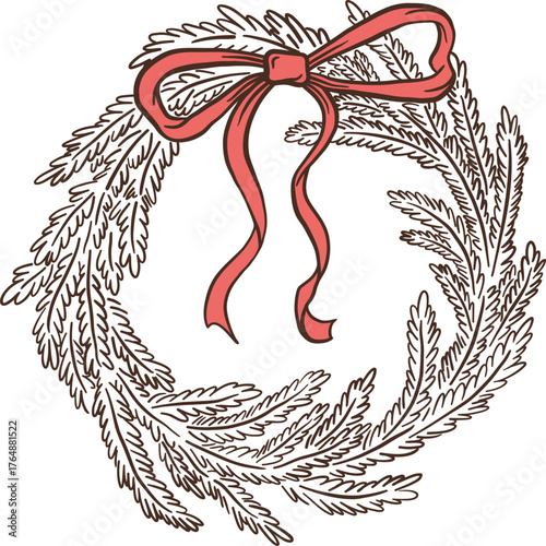Retro hand drawn Christmas wreath with red bow ribbon vector illustration. Vintage Xmas garland, New Year decoration