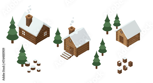 Cozy winter cabin scene with snow-covered roofs and pine trees in isometric d…