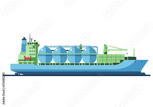 A stylized illustration of a large LNG carrier ship, showcasing its tanks and design. Clean, modern, and suitable for commercial use. Flat vector style.