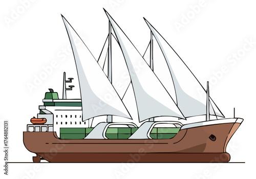 A stylized illustration of a sustainable ship tech vessel. Clean lines, modern design, and a focus on eco-friendly maritime innovation.  Ideal for tech and sustainability concepts.