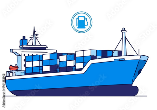 A stylized blue cargo ship illustration with fuel icons, promoting ?Green Fuel Now?. Clean, modern design for commercial use.