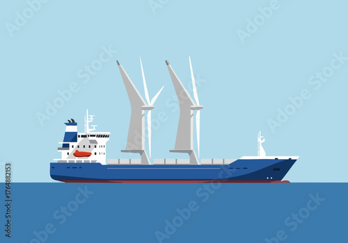 A stylized blue cargo ship with large, modern sails utilizes wind power. Clean, flat design illustration. Suitable for environmental or maritime themes.