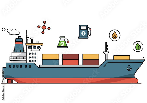 A stylized cargo ship illustration featuring methanol icons, showcasing a modern, clean design. Ideal for business, technology, and sustainability themes.