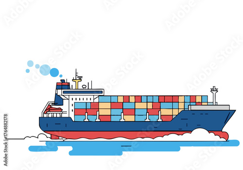 A stylized container ship navigates the ocean, showcasing a modern, eco-friendly voyage. Clean lines and vibrant colors create a visually appealing illustration.