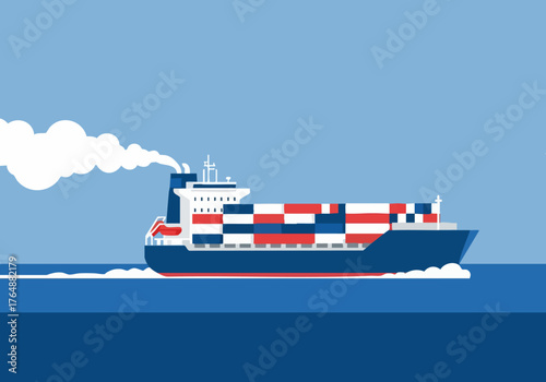A stylized cargo ship sails across a blue ocean. Modern, flat design illustration with red and blue accents. Clean, minimalist aesthetic for commercial use.