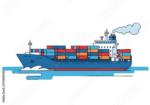 A stylized container ship sails on the ocean, showcasing a modern, eco-friendly design. Clean lines and vibrant colors create a visually appealing illustration suitable for commercial use.