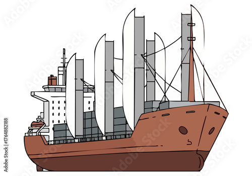 A stylized illustration depicts a cargo ship incorporating offshore wind turbines, labeled 'Sea Power Ease'. Clean lines and a modern aesthetic create a visually striking design.