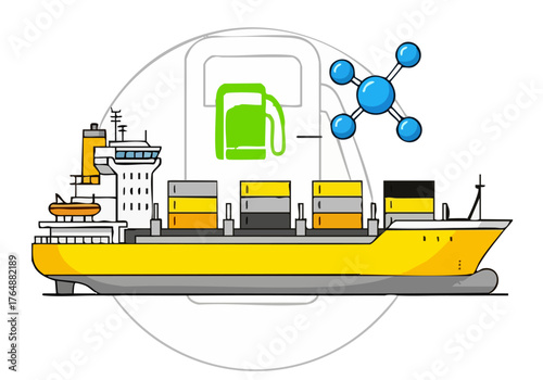 A stylized illustration depicts a cargo ship with a green fuel tank, symbolizing 'Fast Green Aid'. It?s a modern, clean design with a bright, appealing aesthetic suitable for commercial use.