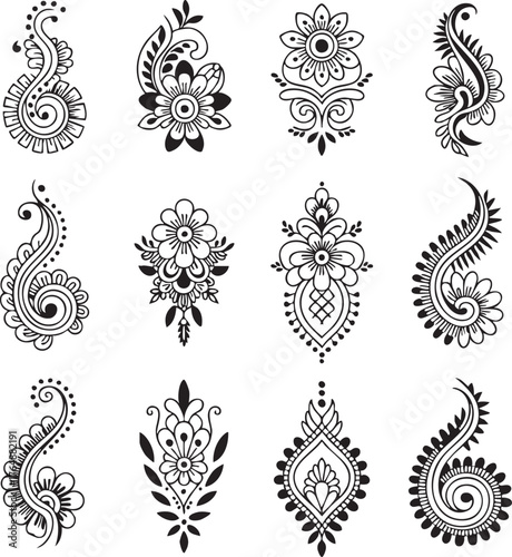 Black Henna Tattoo Designs Floral Paisley Swirls mehndi