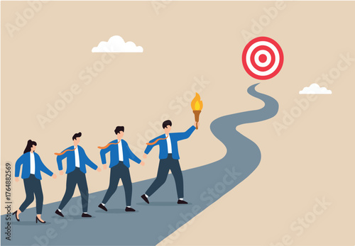 Flat illustration of business leader guiding team on winding road with torch toward strategic goal
