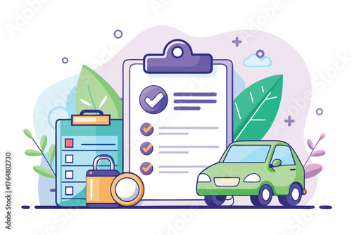 Minimalist flat illustration of a car insurance concept with clean lines and vibrant colors