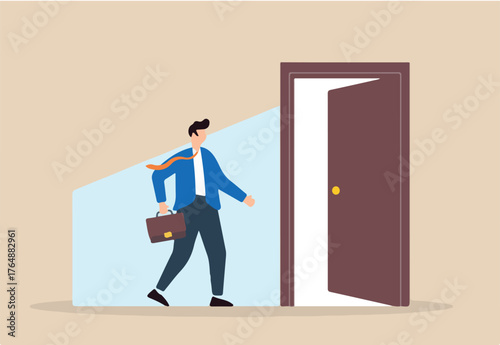 Flat illustration of businessman leaves through open door symbolizing career transition to new opportunity