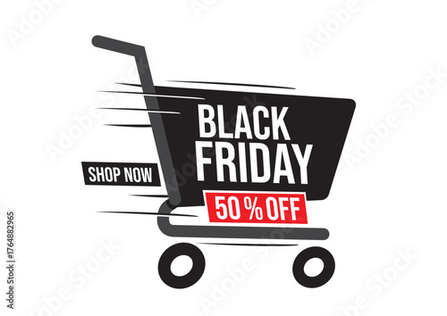Stylized shopping cart with Black Friday text and 50 Off offer conveying promotional retail sale. Shopping concept.