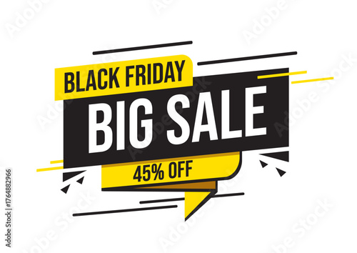 Eye catching Black Friday Big Sale banner displaying a 45 percent discount offer. Marketing concept.