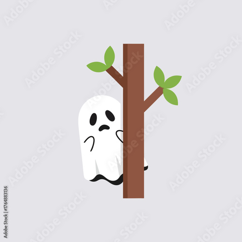 A cute cartoon ghost with a scared expression hiding behind a simple brown tree.