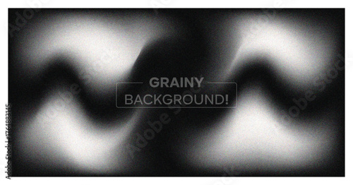 Abstract grainy background. Dark monochrome banner with blur, noise texture, and soft white wavy light effect. Modern vector backdrop.