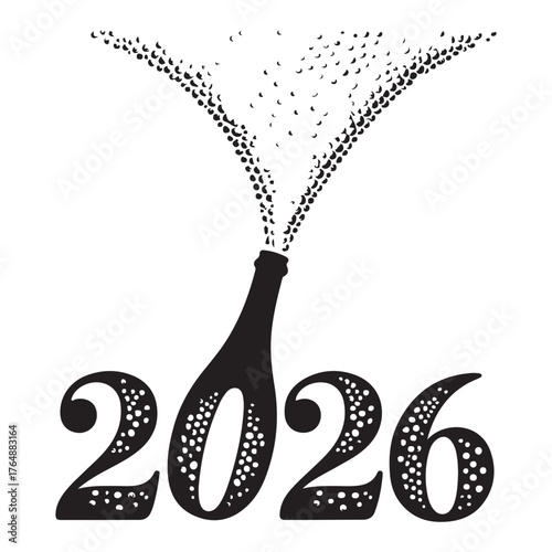 Champagne bottle erupting with bubbles forming the year 2026 new year