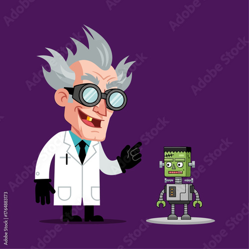 A cartoon mad scientist in a white lab coat pointing at his new creation, a small Frankenstein monster robot.