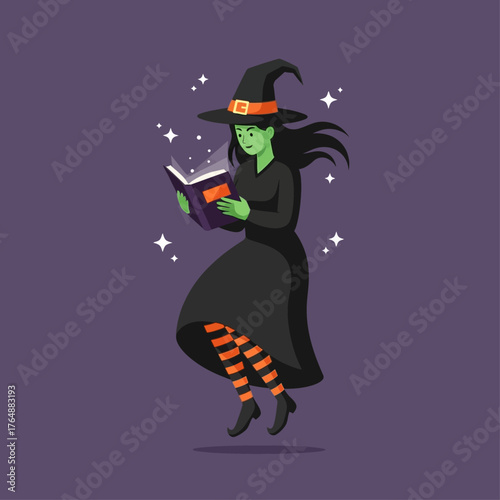 A green-skinned witch in a black dress and pointy hat levitating while reading a sparkling magic spell book.