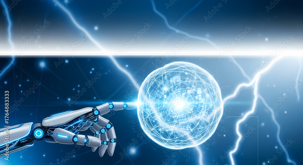 Naklejka premium AI hand touching energy orb. Artificial intelligence hand interacts with shimmering energy orb, radiating power. AI hand symbolizes technological innovation and digital transformation.
