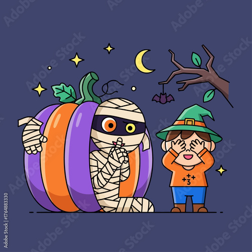 Cute cartoon mummy plays hide-and-seek with a child in a witch hat on Halloween night.