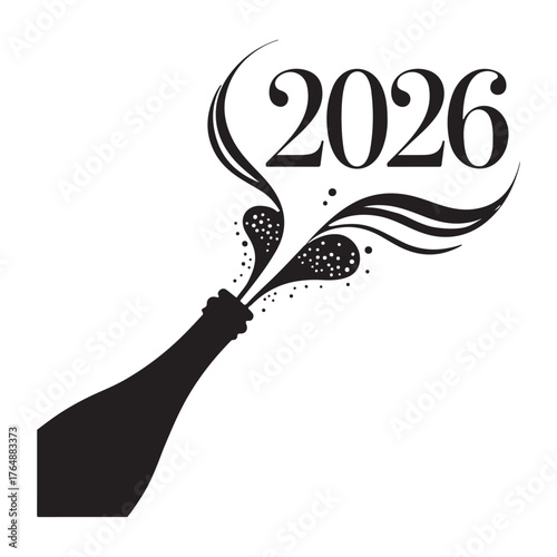 Champagne bottle pouring out bubbles and liquid forming the year 2026 new year