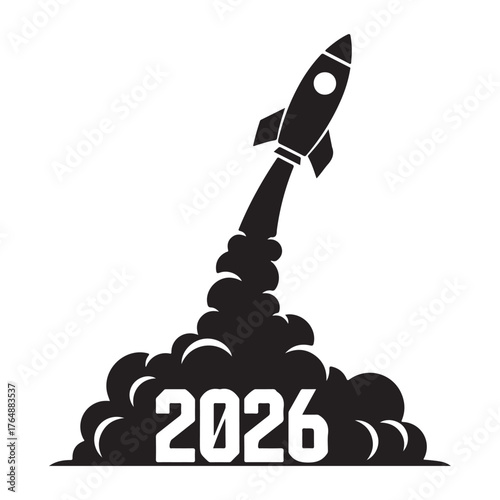 Rocket blasting off with smoke forming the year 2026 new year spaceship