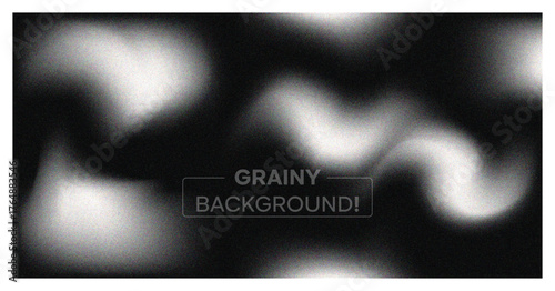 Abstract grainy background. Dark monochrome banner with blur, noise texture, and soft white wavy light effect. Modern vector backdrop.