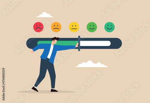 Flat illustration of man push customer feedback bar to excellent smile effort to improve product service rating survey review opinion