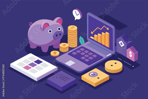 Isometric illustration of financial planning with charts graphs and money elements in a modern business setting