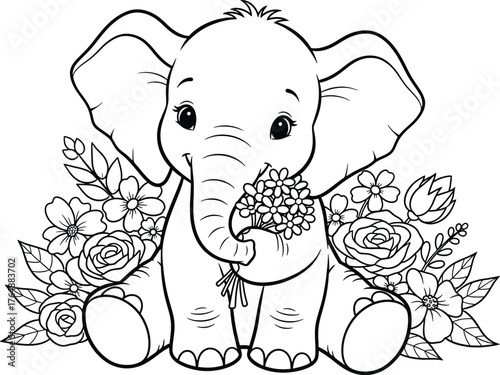 Cute elephant with flowers coloring page