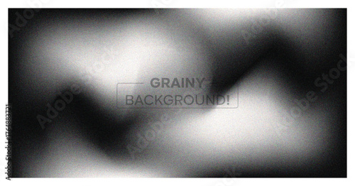 Abstract grainy background. Dark monochrome banner with blur, noise texture, and soft white wavy light effect. Modern vector backdrop.