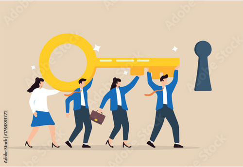 Business team collaborates to carry big key towards keyhole, illustrating teamwork achievement and key to success. Concept of working together to solve problems, career opportunities, unlock secrets