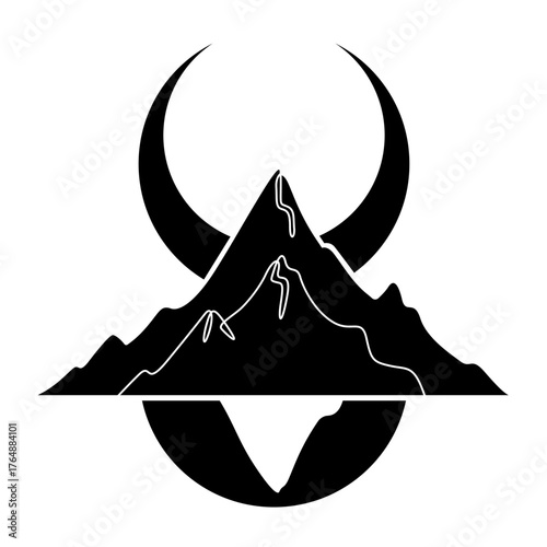 Continuous one line drawing Moon against a high mountain. Mountain landscape. Linear icon. Line art.One continuous line isolated illustration.Not AI.