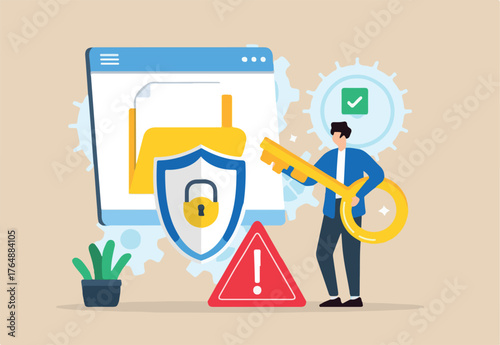 Flat illustration of person holding key to decrypting encoded data information security