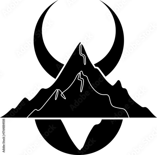 Continuous one line drawing Moon against a high mountain. Mountain landscape. Linear icon. Line art.One continuous line isolated illustration.Not AI.