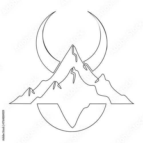 Continuous one line drawing Moon against a high mountain. Mountain landscape. Linear icon. Line art.One continuous line isolated illustration.Not AI.