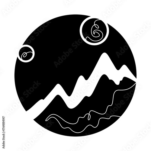 Continuous one line drawing Moon against a high mountain. Mountain landscape. Linear icon. Line art.One continuous line isolated illustration.Not AI.