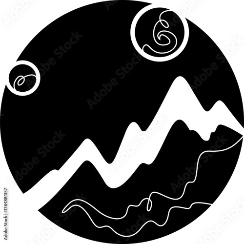 Continuous one line drawing Moon against a high mountain. Mountain landscape. Linear icon. Line art.One continuous line isolated illustration.Not AI.