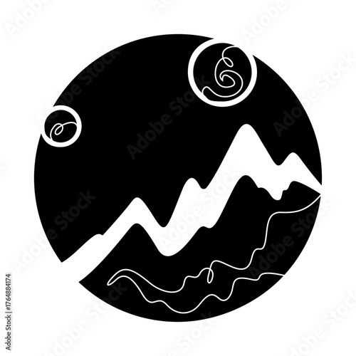 Continuous one line drawing Moon against a high mountain. Mountain landscape. Linear icon. Line art.One continuous line isolated illustration.Not AI.