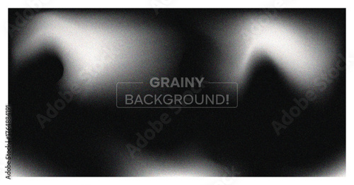 Abstract grainy background. Dark monochrome banner with blur, noise texture, and soft white wavy light effect. Modern vector backdrop.