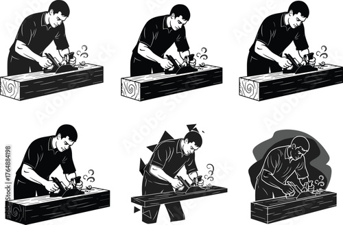 Carpenter craftsman using hand planer tool on wood plank, black silhouette illustration set, woodworking concept, vintage vector art for construction and labor design themes