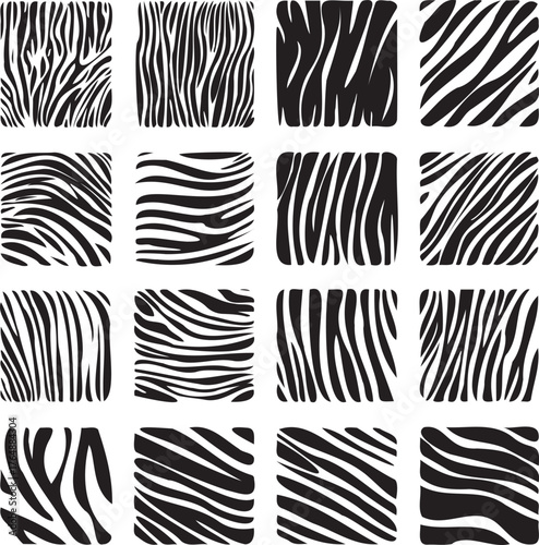 Collection of sixteen unique black and white zebra stripe pattern designs