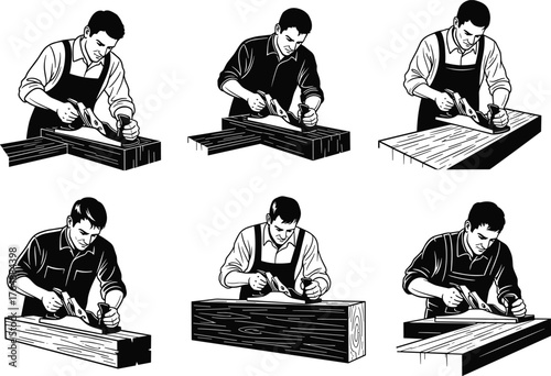 Carpenter craftsman using hand planer tool, woodworking artisan smoothing wooden surface, traditional woodwork process, detailed worker vector illustration for construction design