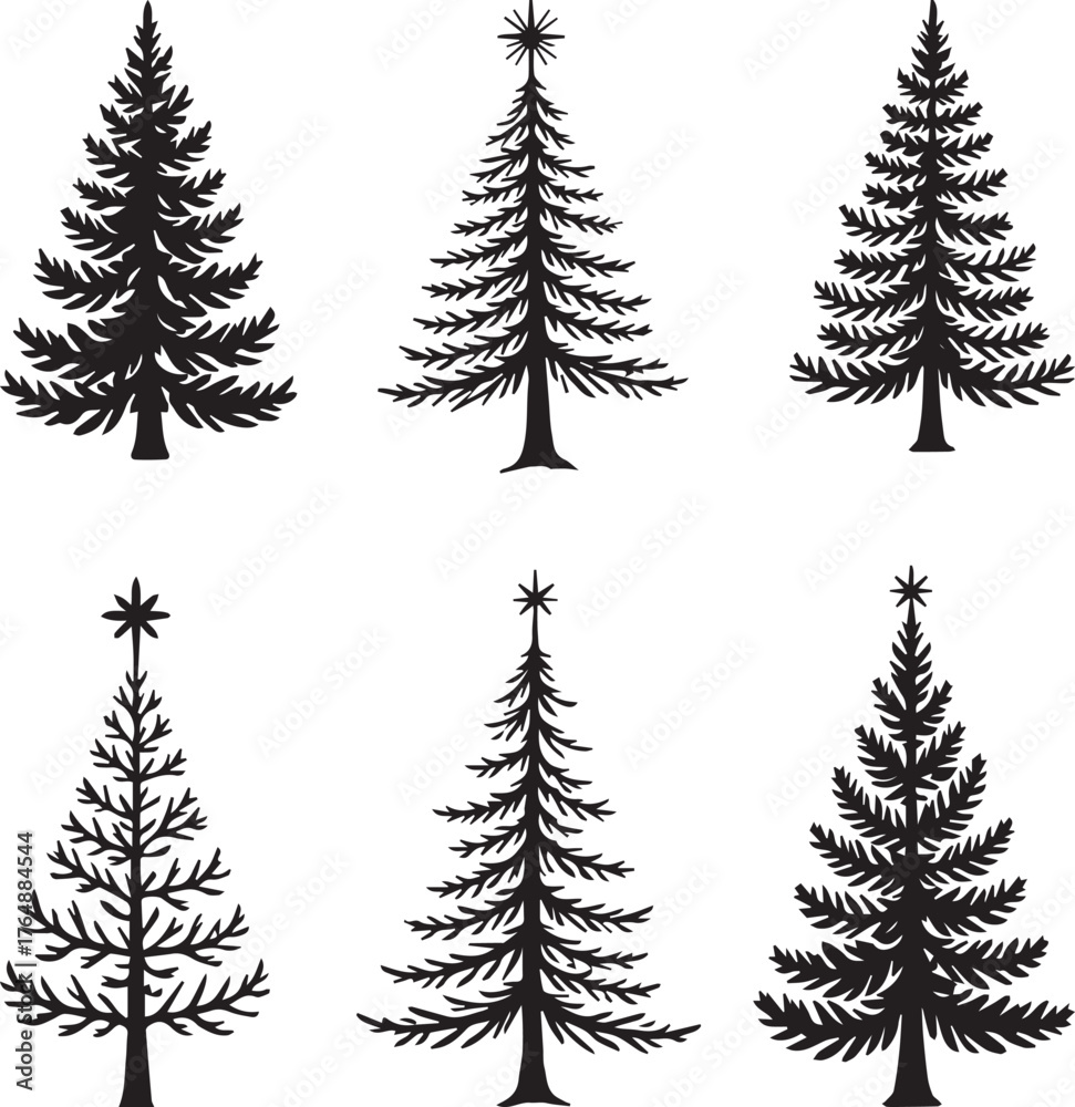 Obraz premium Hand Drawn black and green Christmas Tree Vector Set – Unique Doodle Style Holiday Icons.